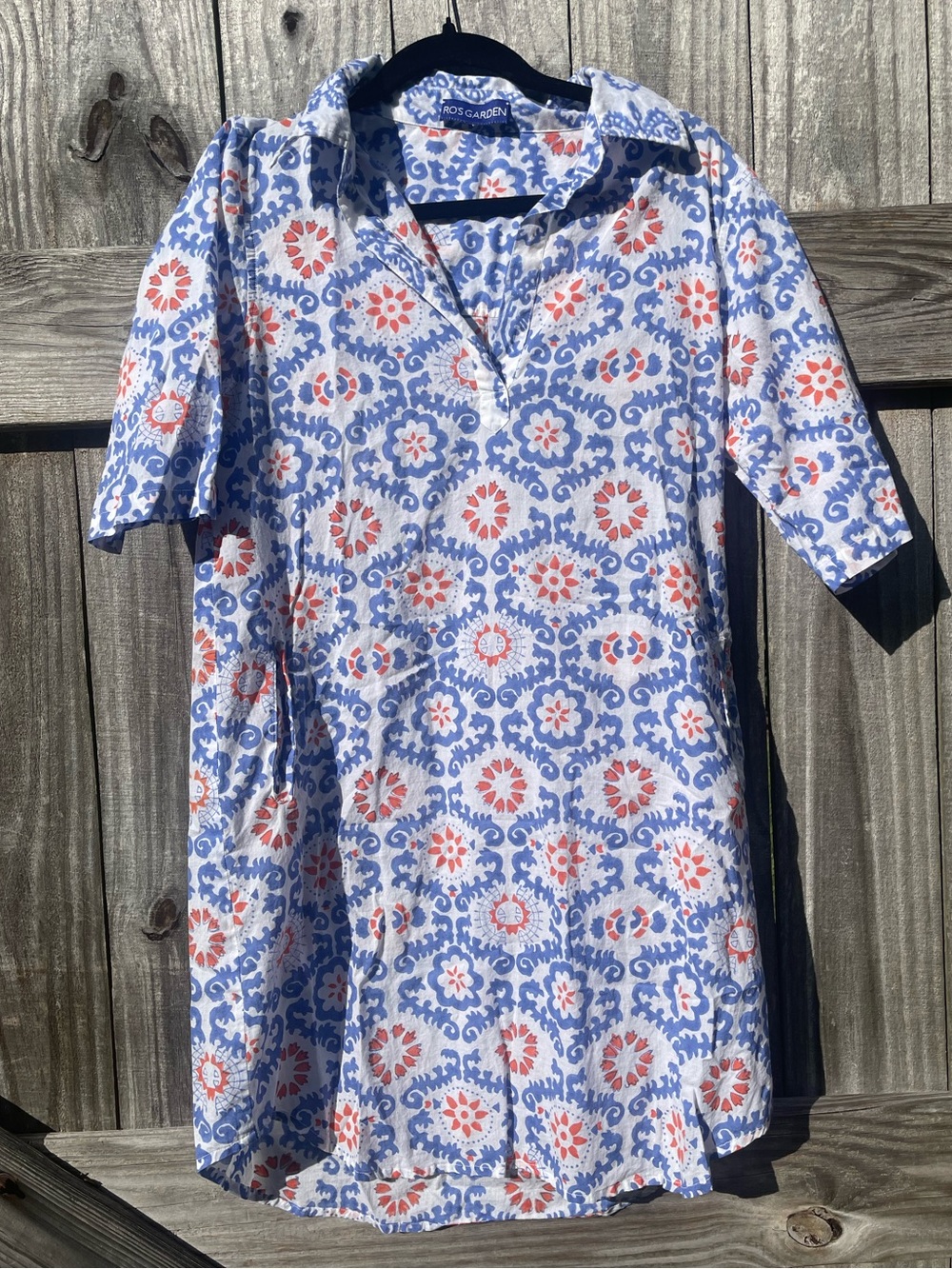 Blue and Coral Patterned Collared Midi Dress